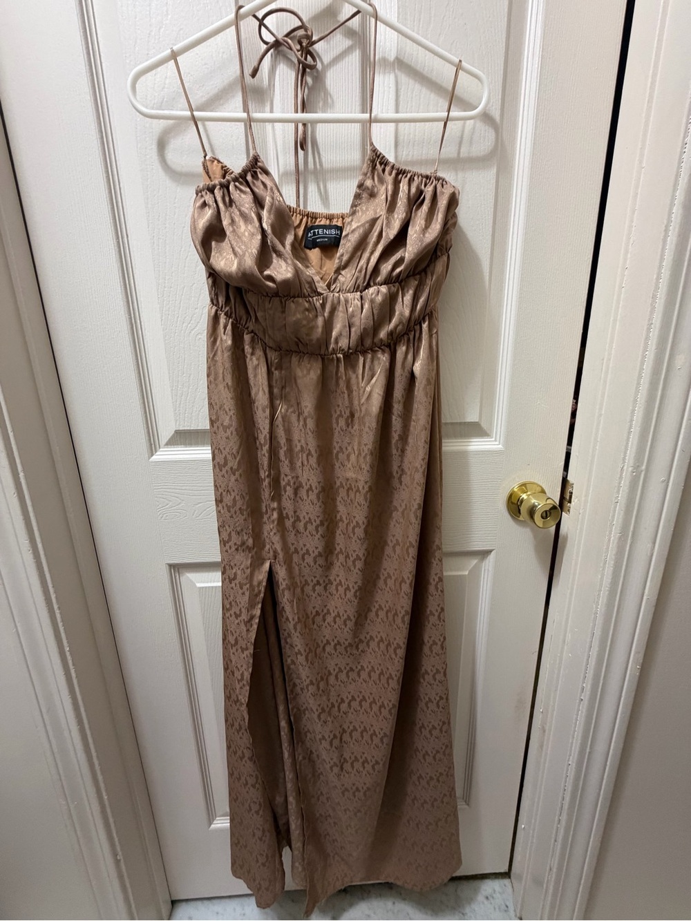 Kittenish Taupe Satin Halter Maxi Dress
